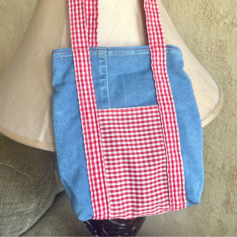 Upcycled jeans mini tote. Red Pocnic Check Poplin print fabric